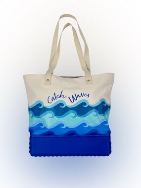 New! Bogg Bag Printed Canvas Tote Catch Waves Pool Beach Lake Blue School